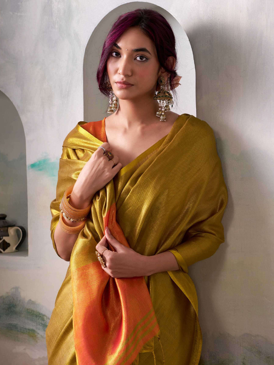 Mustard Yellow Tissue Silk Saree