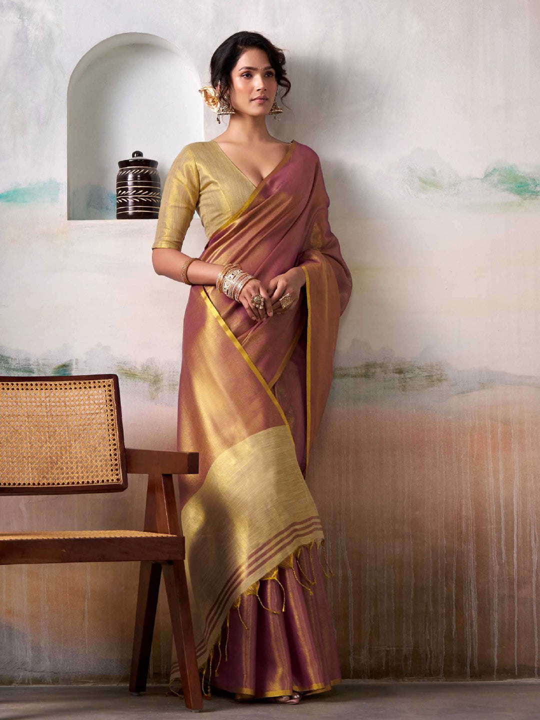 Dusty Pink Tissue Silk Saree