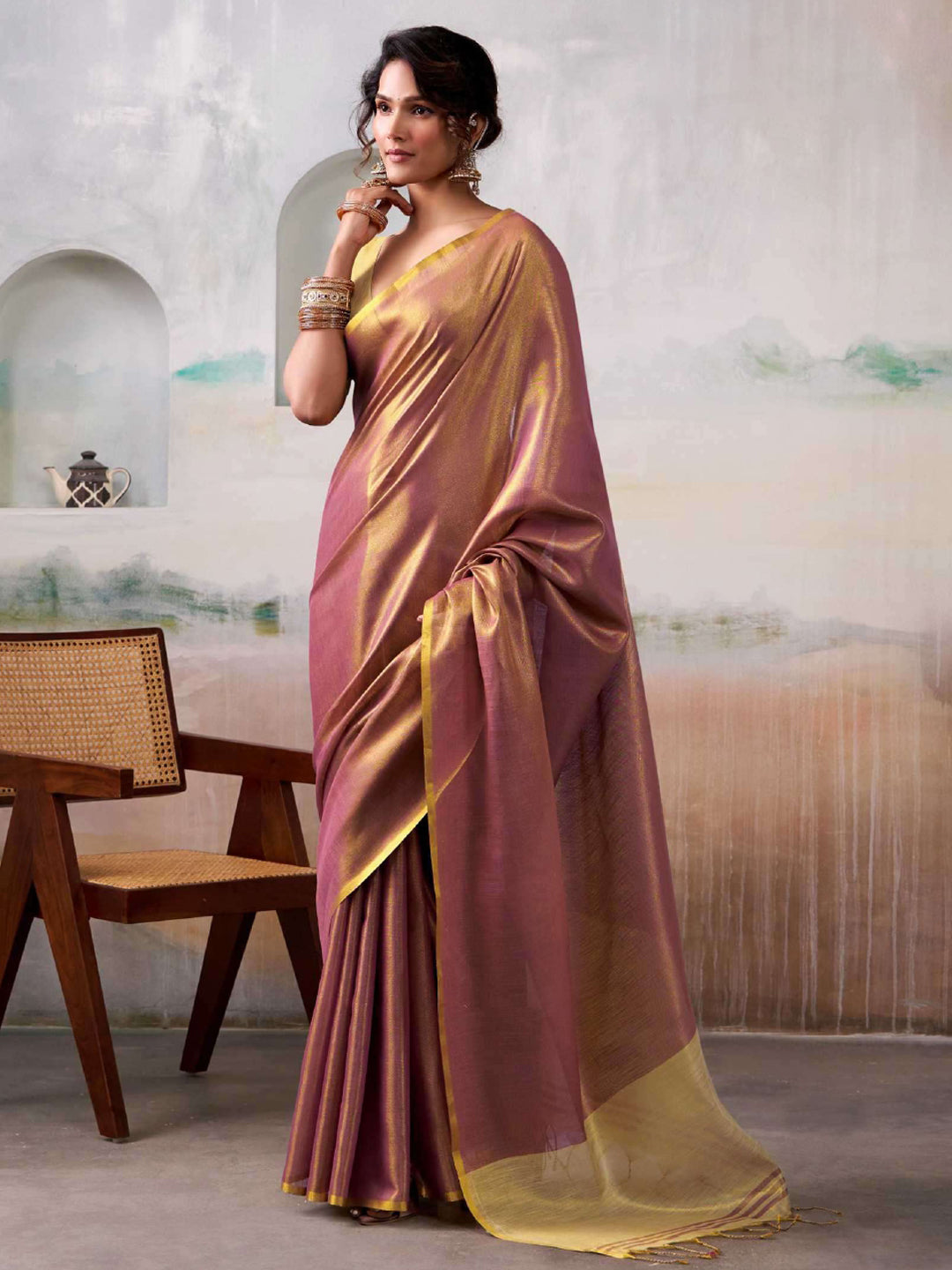Dusty Pink Tissue Silk Saree