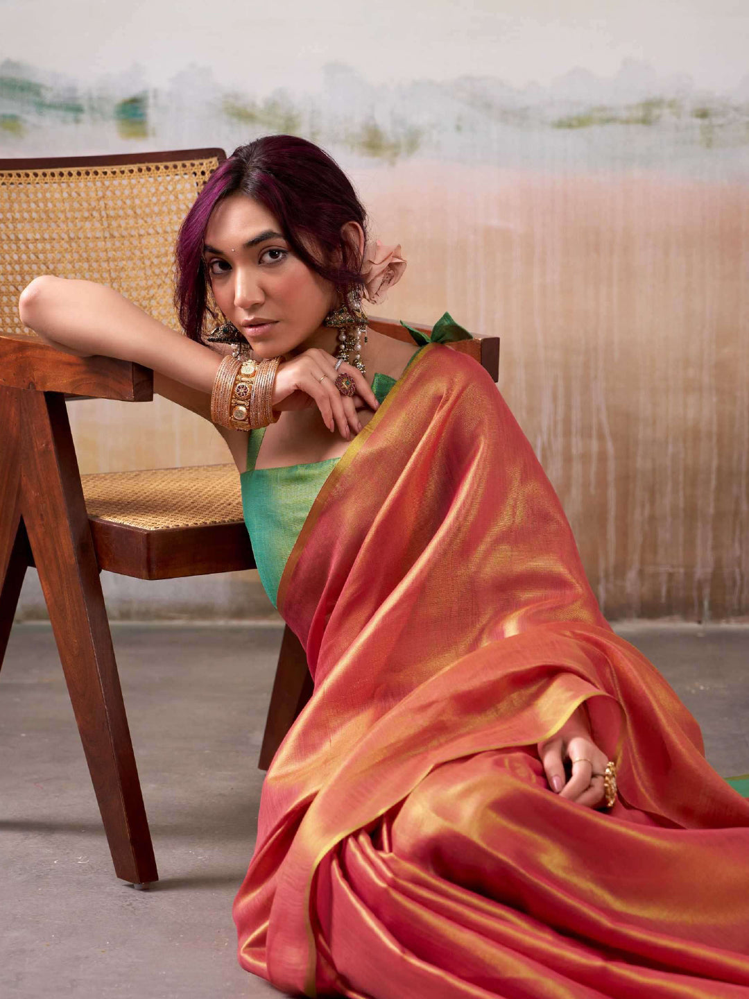 Peach Tissue Silk Saree
