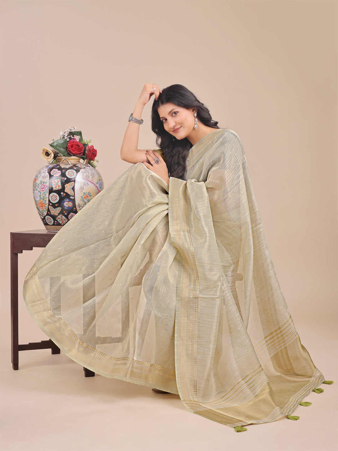 Cream Organza Saree