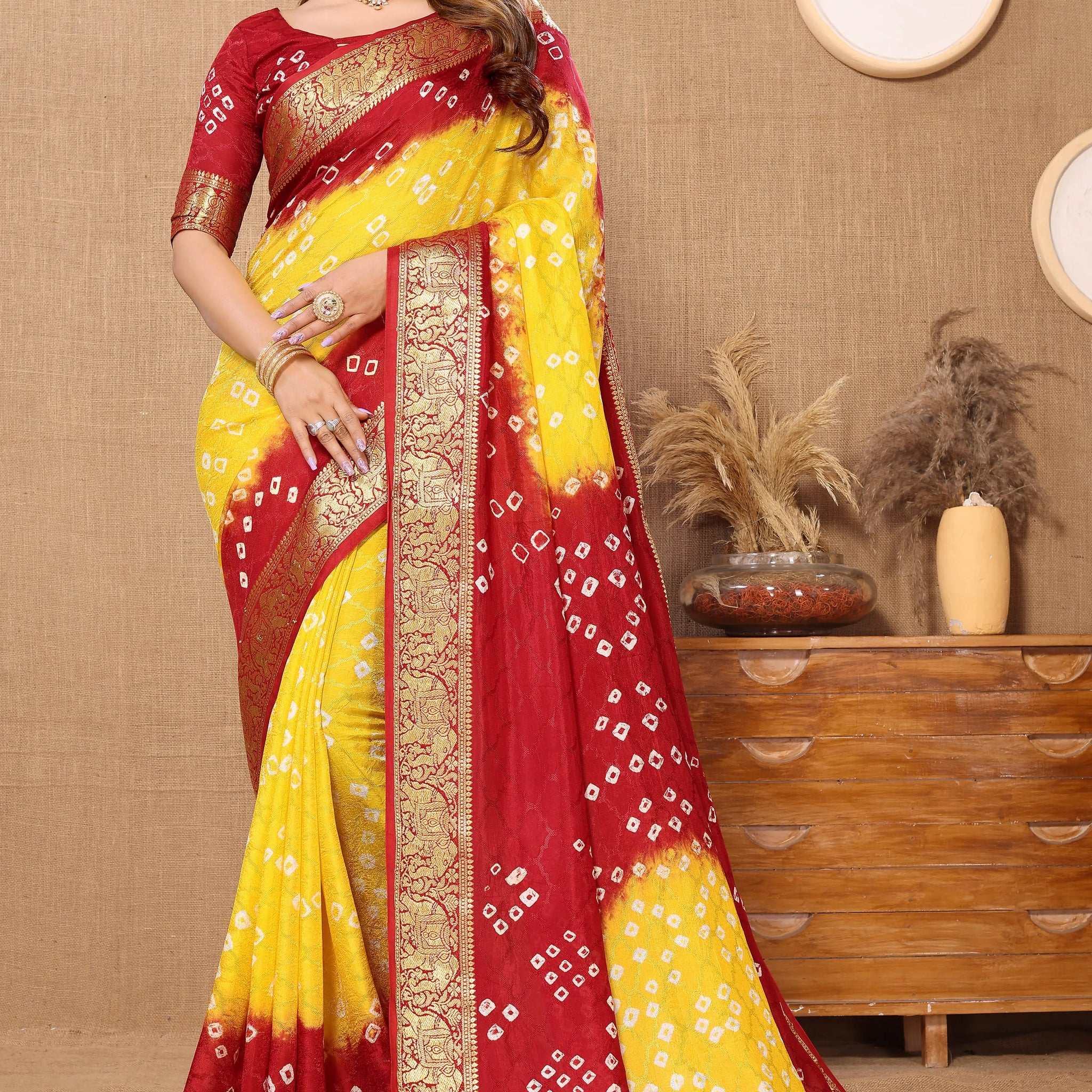 Red & Yellow Viscose Art Silk Saree