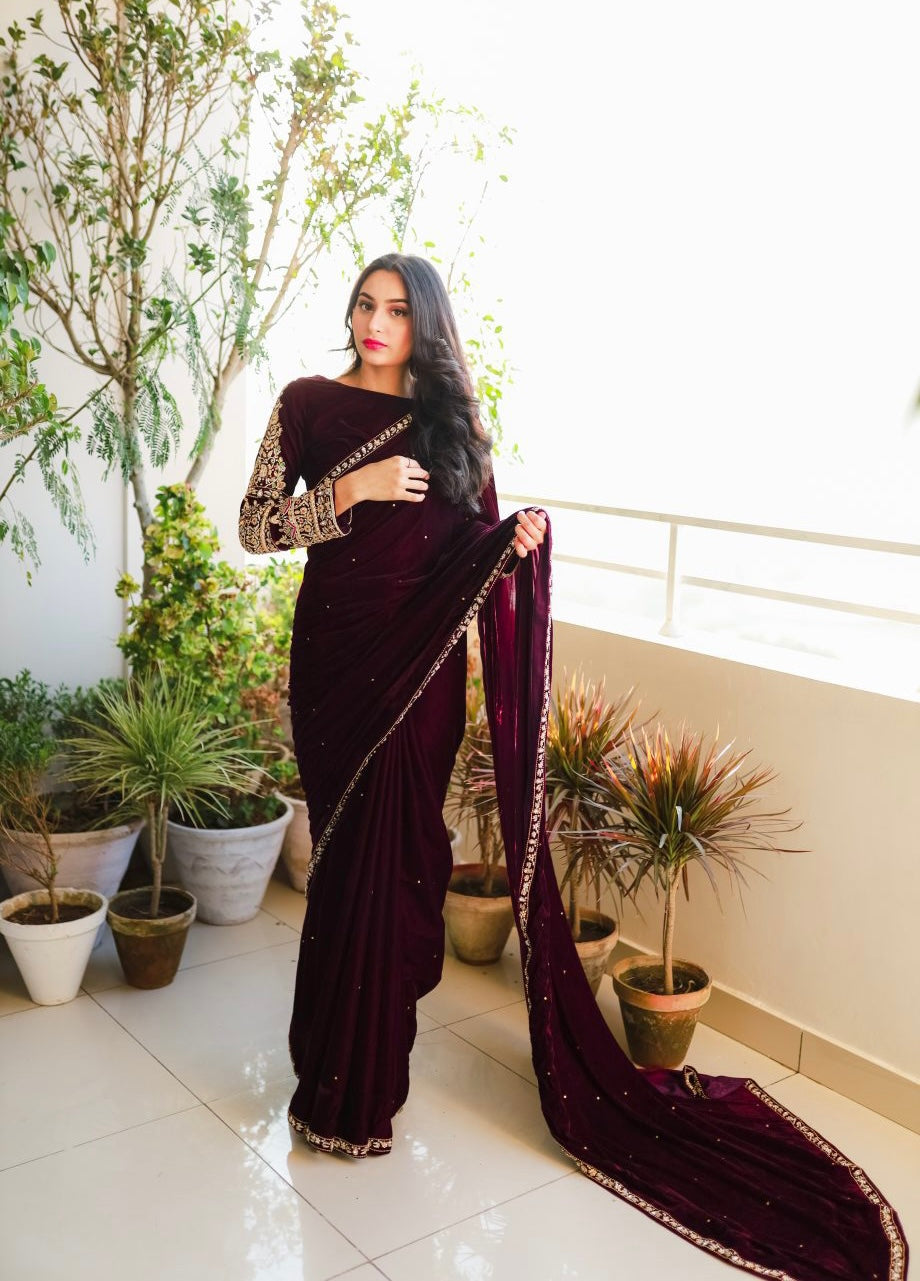 Pure Velvet Designer Saree with Unstitched Blouse – ManMohit Fashion