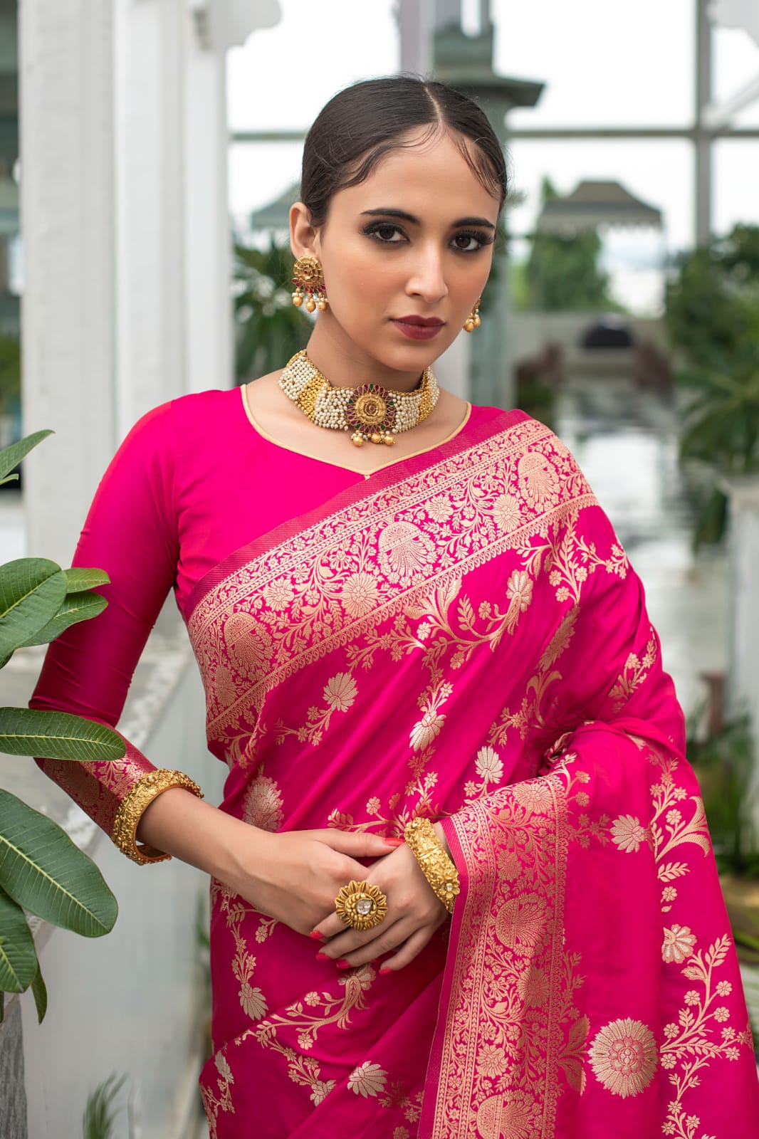 Rani Pink Banarasi Silk Traditional All Over Floral Woven Saree -...