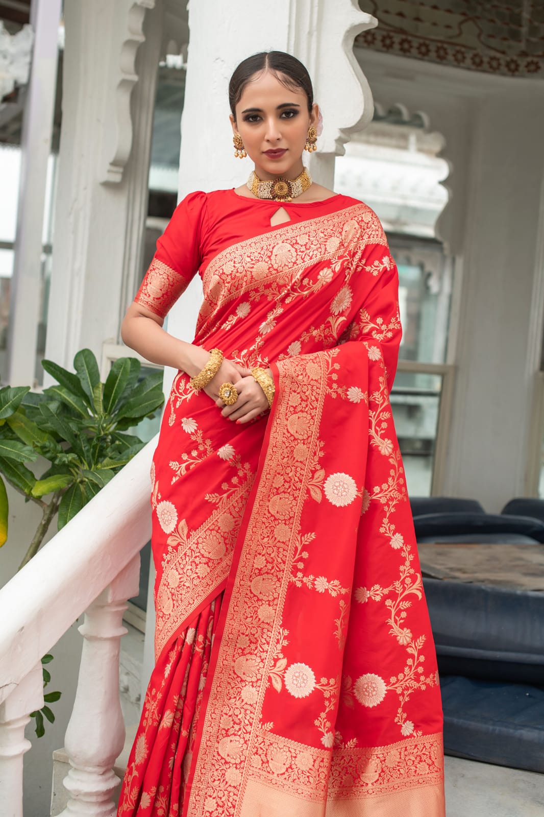 Red Banarasi silk saree with zari weaving work